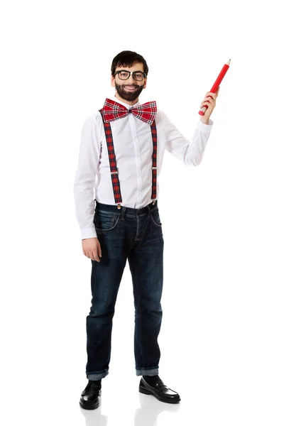 Old fashioned man pointing up with big pencil. — Stock Photo, Image