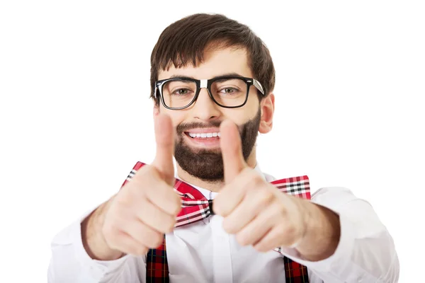 Man wearing suspenders with thumbs up. — Stock Photo, Image