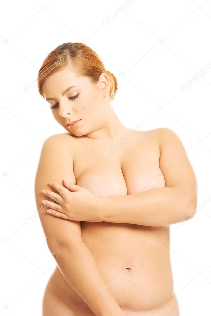 Overweight woman covering intimate places