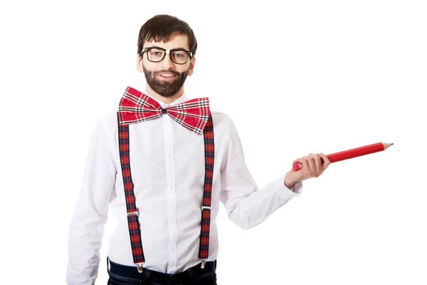 Old fashioned man pointing with pencil. — Stock Photo, Image