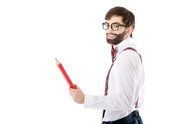 Old fashioned man pointing with pencil. — Stock Photo, Image