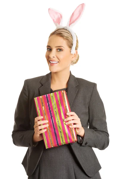 Woman with bunny ears on head — Stock Photo, Image