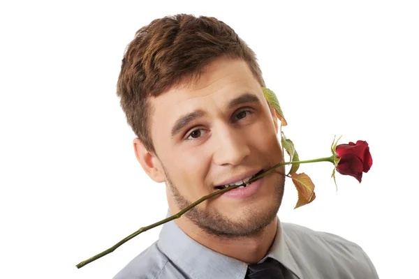 Bonito homem segurando rosa vermelha em sua boca . — Fotografia de Stock