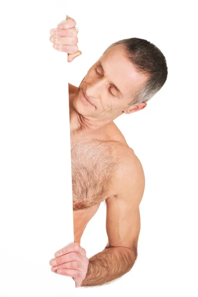 Ώριμος shirtless άνδρας, κρατώντας πανό άδειο — Φωτογραφία Αρχείου