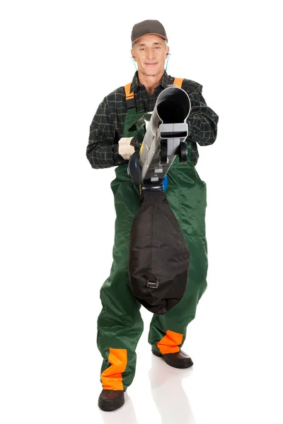 Gardener with a leaf blower — Stock Photo, Image