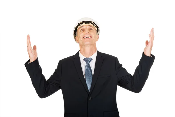 Smiling businessman with open arms up — Stock Photo, Image