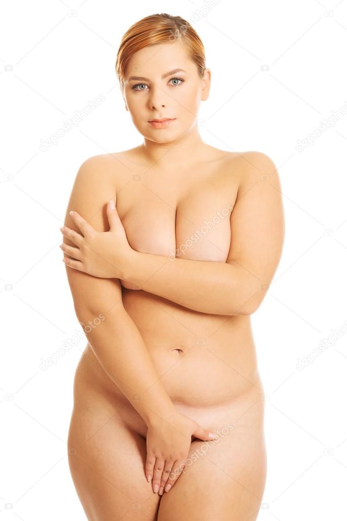 Overweight woman covering intimate places