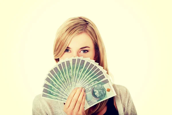 Donna con denaro polacco — Foto Stock
