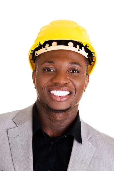 Homem de negócios preto usando capacete — Fotografia de Stock