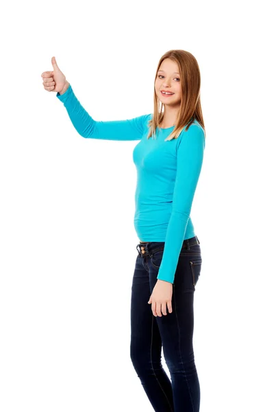 Studentka ukazuje palec — Stock fotografie
