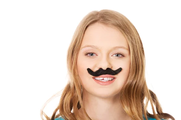 Ung kvinna med en mustasch — Stockfoto