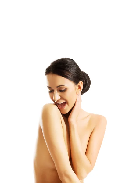 Topless mulher tocando seu pescoço — Fotografia de Stock