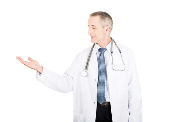 Mature male doctor holding copyspace — Stock Photo, Image