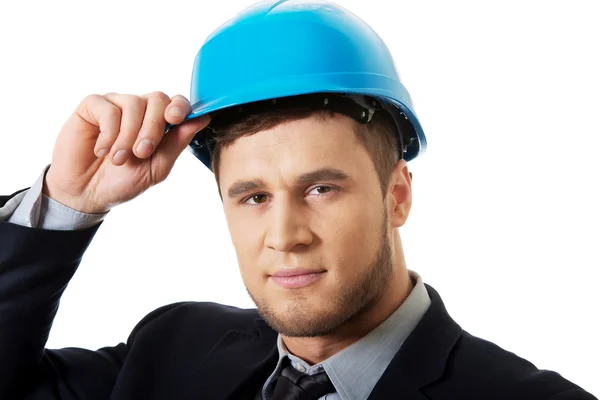 Businessman with blue hard hat. — Stock Photo, Image