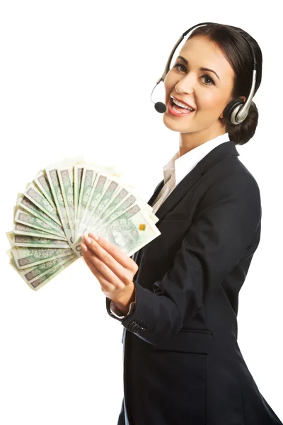Call center woman holding polish bills — Stock Photo, Image
