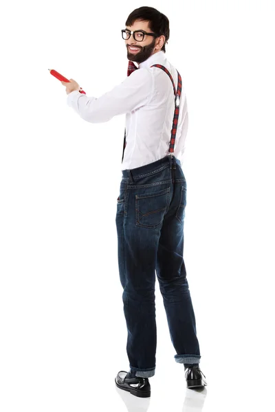 Man pointing with big pencil. — Stock Photo, Image