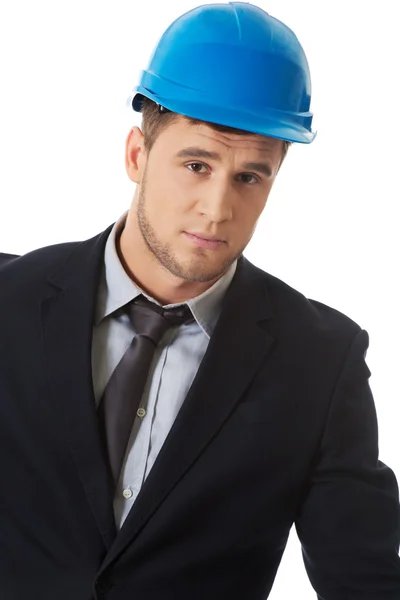 Businessman with blue hard hat. — Stock Photo, Image