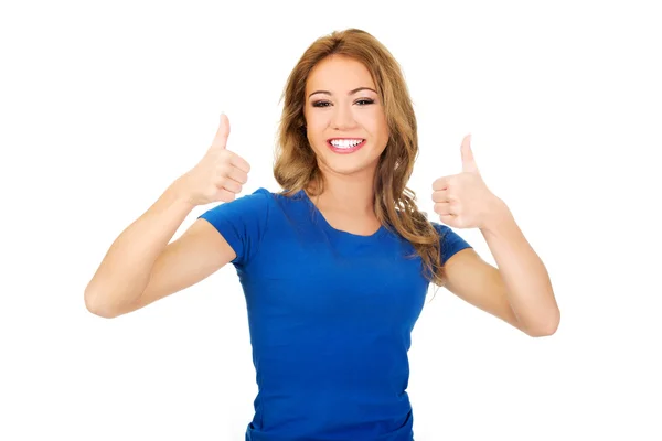 Mujer feliz con los pulgares arriba . —  Fotos de Stock