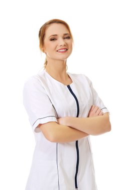 Tıbbi hemşire kadın katlanmış silah ile.