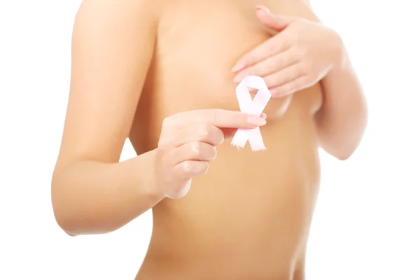 Topless woman with pink ribbon. — Stock Photo, Image