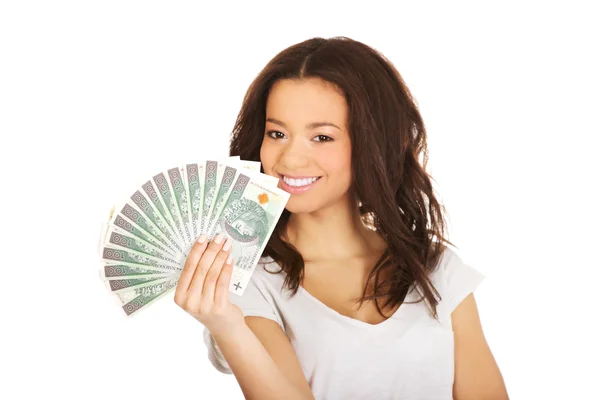 Woman holding polish money. — Stock Photo, Image