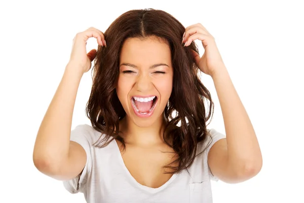 Angry woman with hands up. Stock Photo