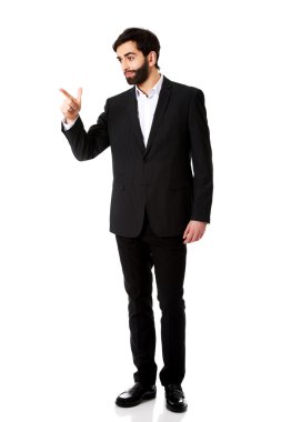 Mutlu işadamı Puan onun parmak.