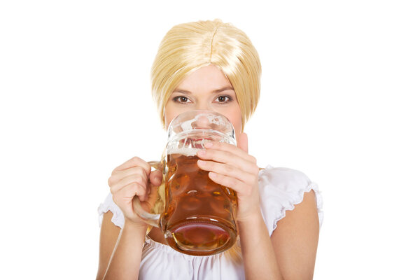 Bavarian woman drinking beer.