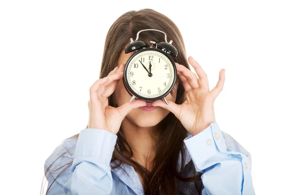 Morning woman holding clock. — Stock Photo, Image