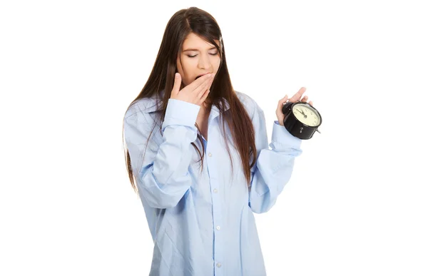 Woman holding alarm clock. — Stock Photo, Image