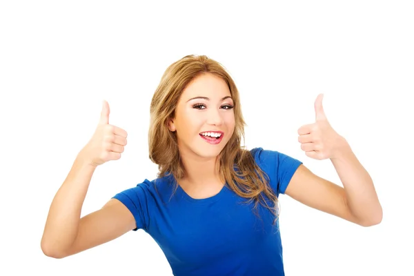 Mulher feliz com polegares para cima . — Fotografia de Stock