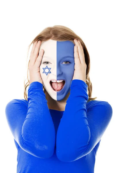 Kobieta z flagą Izraela na twarz. — Zdjęcie stockowe
