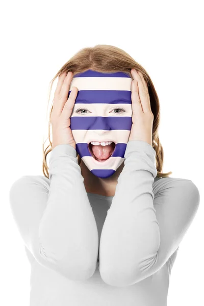 Woman with greece flag on face. — Stock Photo, Image