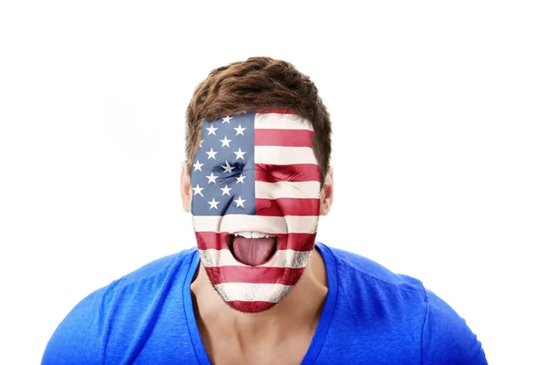 Schreeuwen man met Usa vlag op gezicht. — Stockfoto