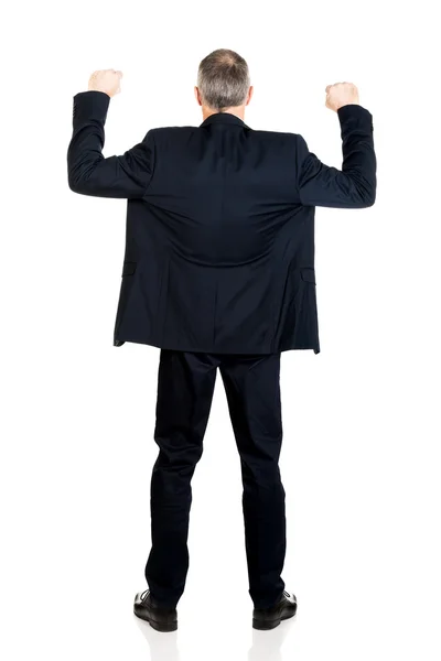 De succesvolle zakenman Achteraanzicht met armen omhoog — Stockfoto