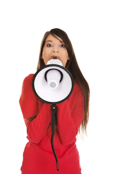 Mujer atractiva con megáfono . — Foto de Stock