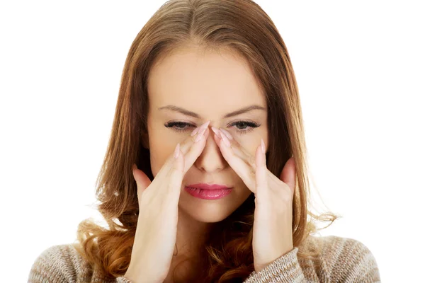 Woman with sinus pressure pain. — Stock Photo, Image