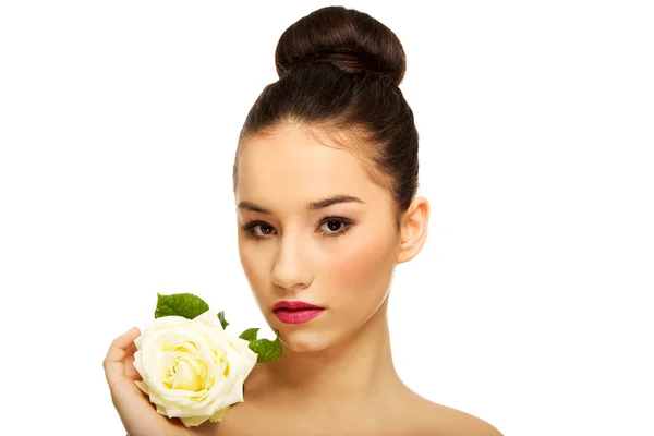 Beautiful woman with white rose. — Stock Photo, Image