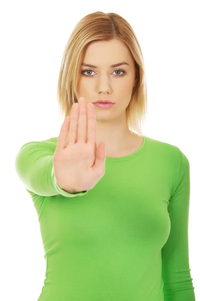 Jovem mulher com gesto stop . — Fotografia de Stock