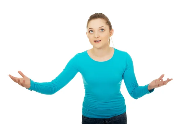 Woman holding something on hands. — Stock Photo, Image