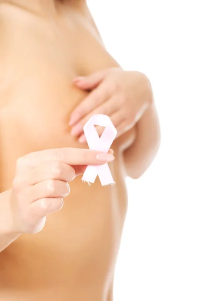 Topless woman with pink ribbon. — Stock Photo, Image