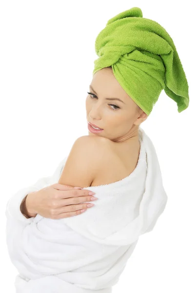 Spa woman in bathrobe and turban. — Stock Photo, Image