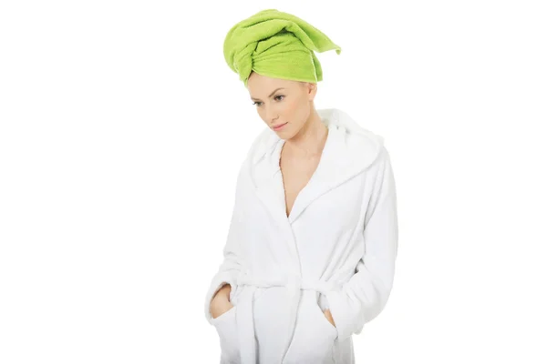 Spa woman in bathrobe and turban. — Stock Photo, Image