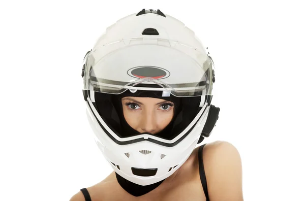 Mulher sexy com capacete de motocicleta . — Fotografia de Stock