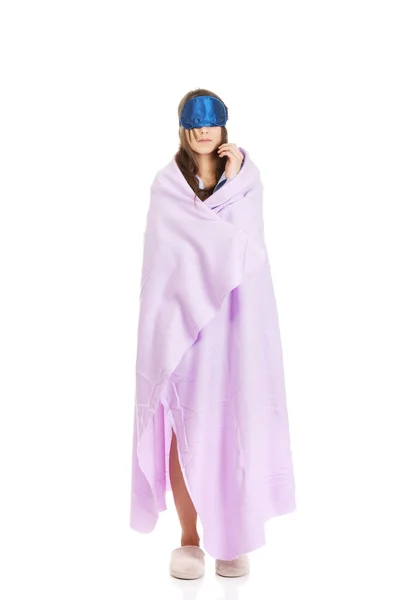 Morning woman wrapped in coverlet. — Stock Photo, Image