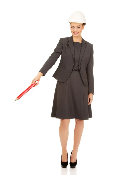 Businesswoman pointing up with pencil. — Stock Photo, Image