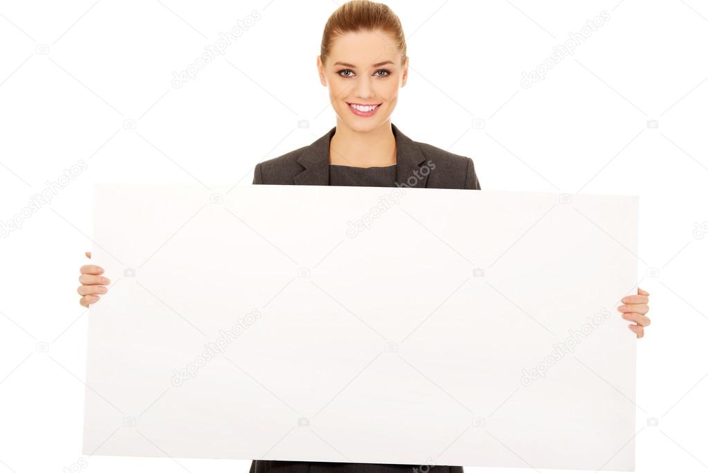 Business woman with empty banner.