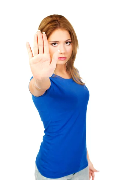 Jovem mulher fazendo stop sign . — Fotografia de Stock