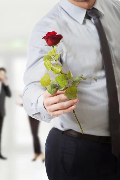 Hombre guapo sosteniendo rosa roja . — Foto de Stock