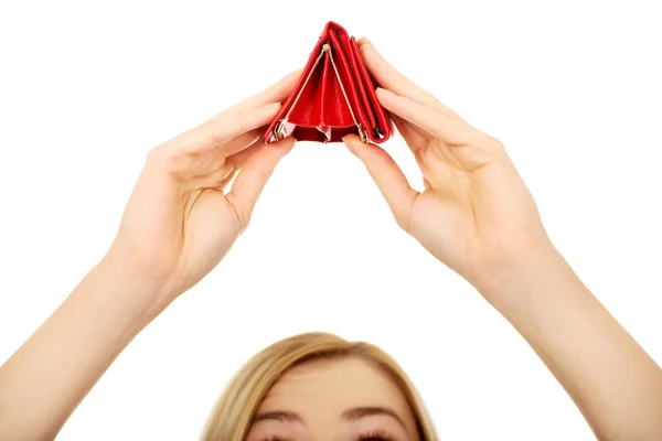 Unhappy woman with empty wallet. — Stock Photo, Image